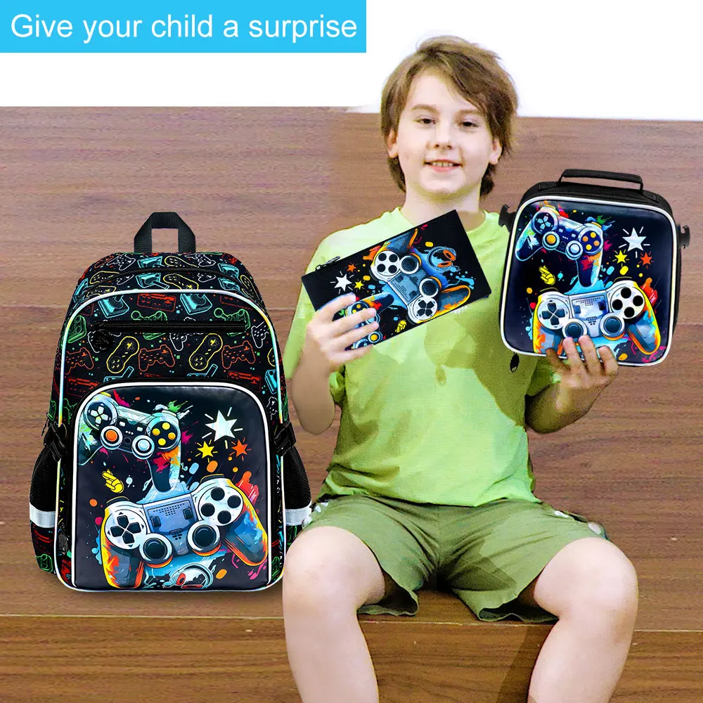 3Pcs Backpack for Boys, Cool Video Game Controller School Bag Set with Lunch Box & Pencil Case, Kids Bookbag Back to School view 5