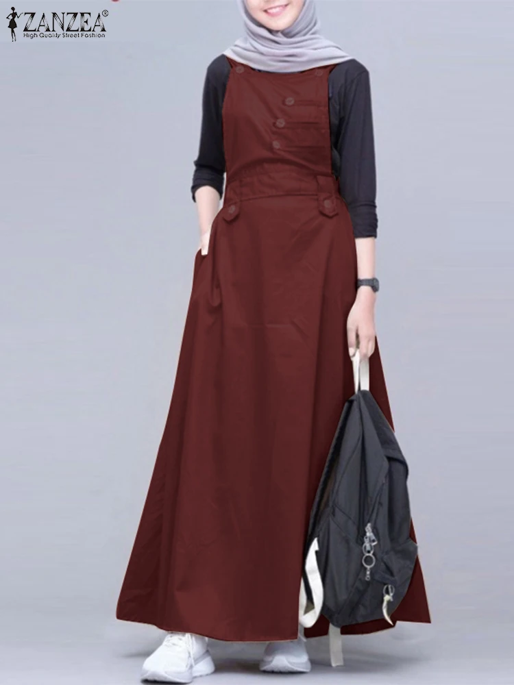 

ZANZEA Fashion Sleeveless Solid Maxi Dress Muslim Women Vintage Dubai Turkey Abaya Hijab Dress Jilbab Islamic Clothing Robes