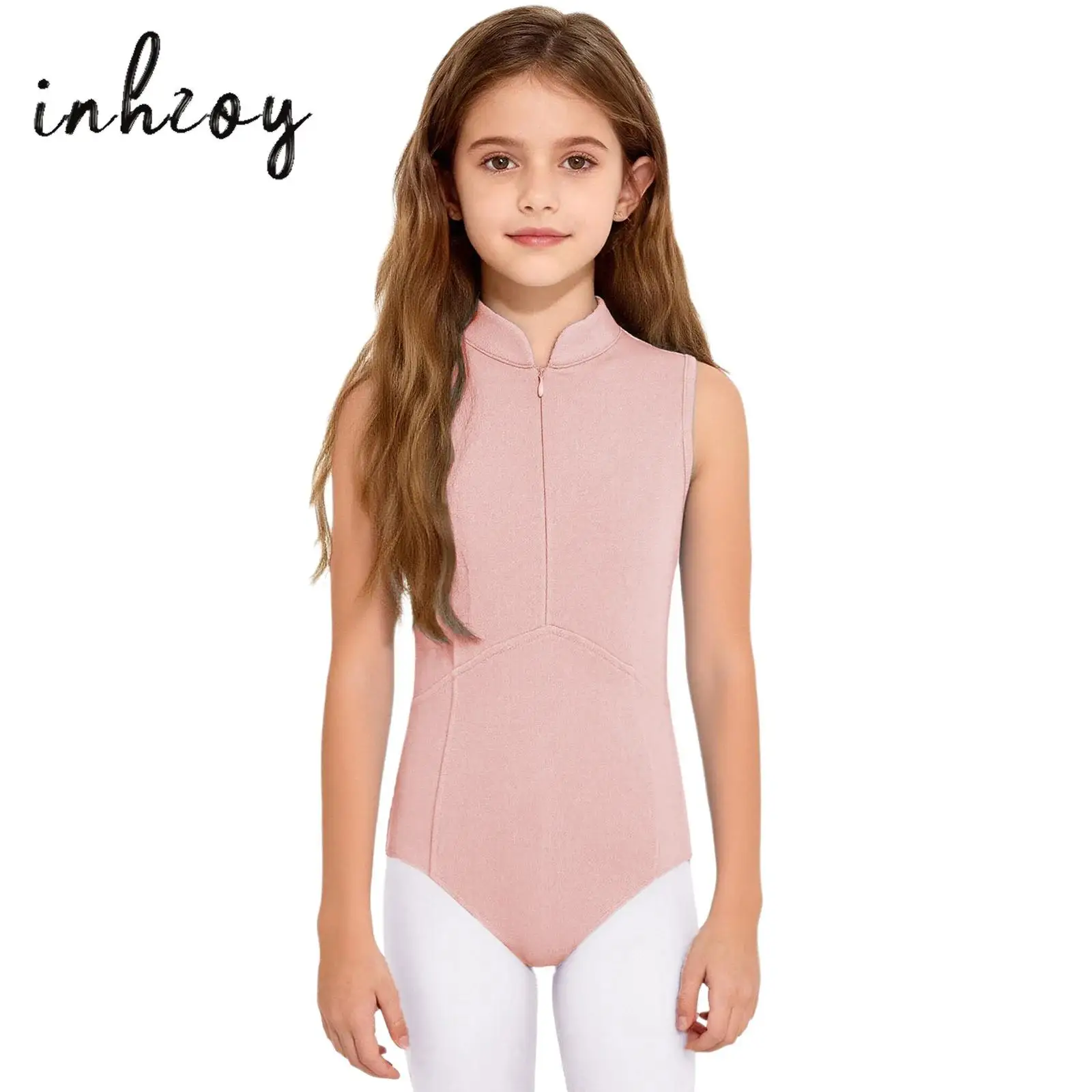 

Kids Girls Ballet Gymnastics Leotard Stand Collar Sleeveless Front Zipper Sheer Mesh Rhinestones Figure Skating Dance Bodysuit