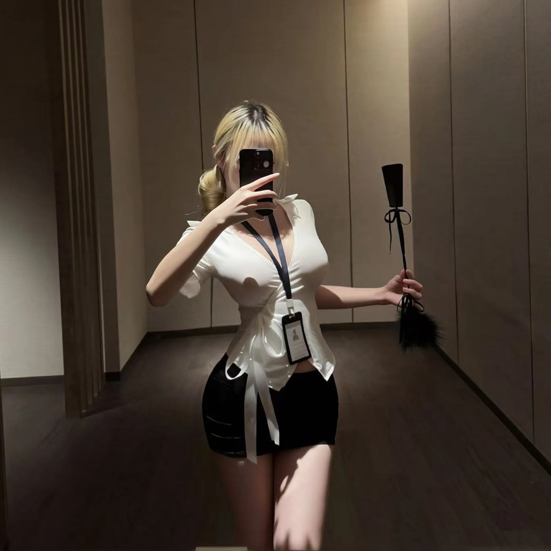 

Sexy Seductive OL Secretary Cosplay Style Outfit, Wrap Tie Top with Bodycon Mini Skirt & Chest Badge, Elegant Intimate Nightwear