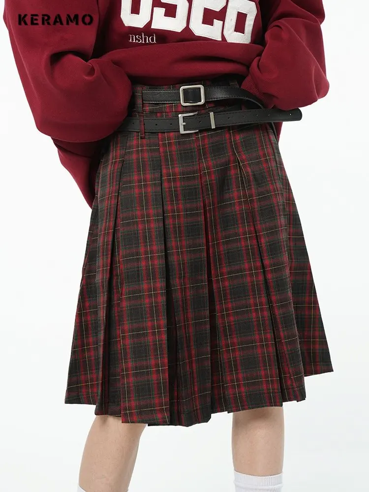 2023 Women Spring Summer Red Plaid Skirt Retro Mid Calf Harajuku College Style Design High Waist Female A-line Baggy Y2K Skirts