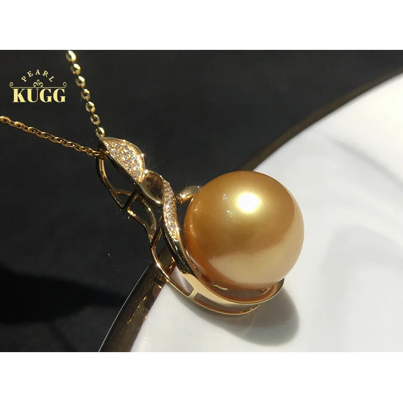 

KUGG PEARL 18K Yellow Gold Necklace 12-13mm Natural South Sea Gold Pearl Necklace Shiny Diamond Luxury Women's Jewelry