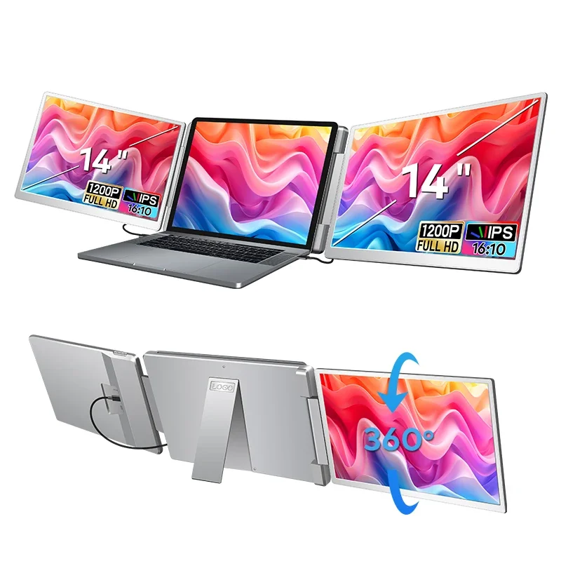 2026 2024 New 14 Inch Dual Lcd Screen 16:10 Display Desk Model Portable Triple Monitor With Stand For Laptops 12-17.3 Inch