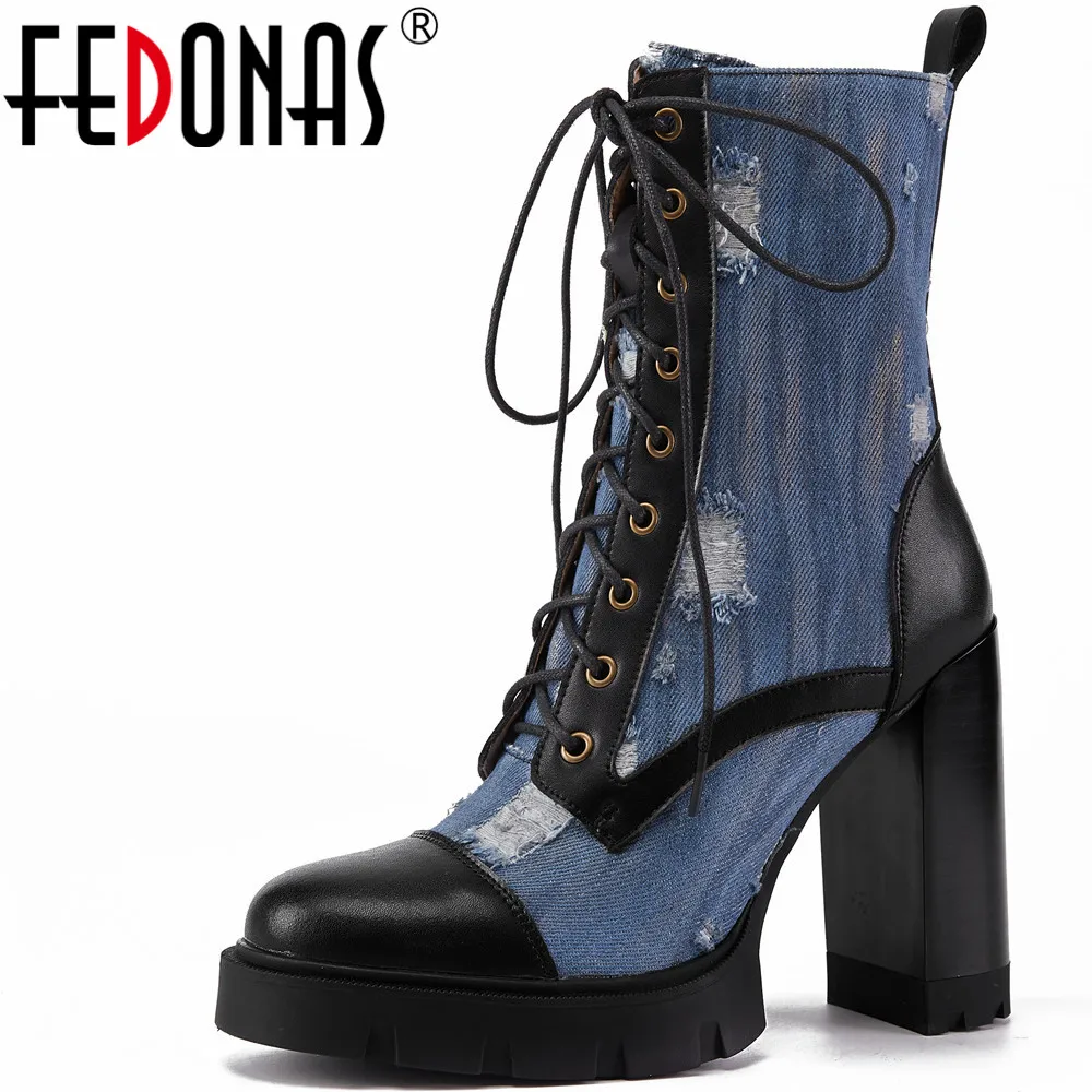 

FEDONAS Splicing Denim Genuine Leather Women Ankle Boots Autumn Winter Super High Heels Office Lady Side Zipper Shoes Woman 2023