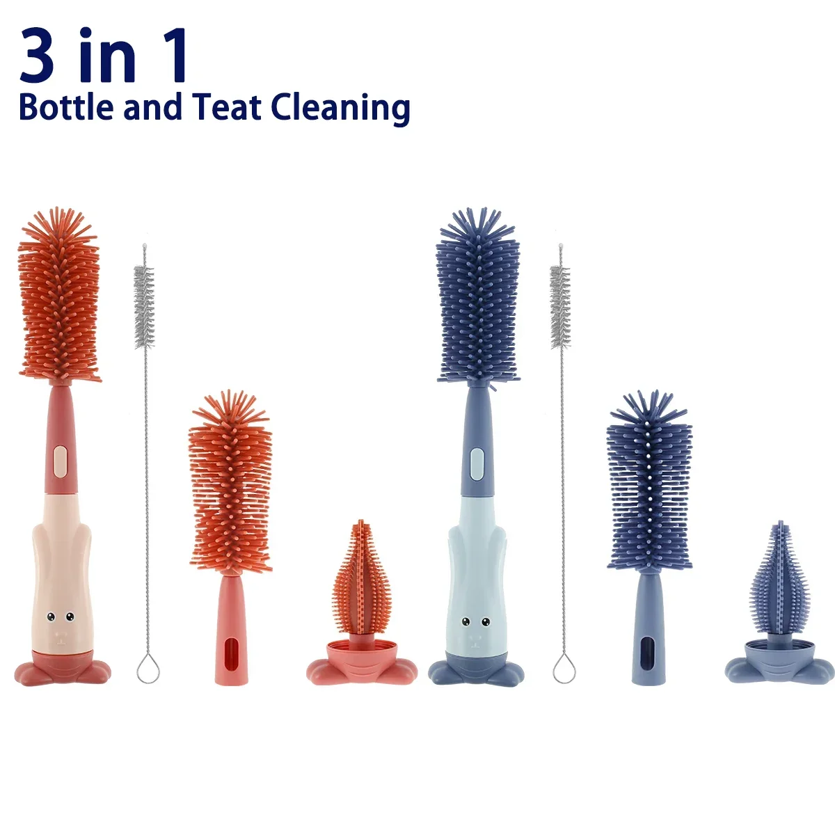 3 in 1 Baby Bottle Brush Set Lone Handle Silicone Bottle and Teat Cleaning Brush with Stand Portable Straw Cleaner Brush