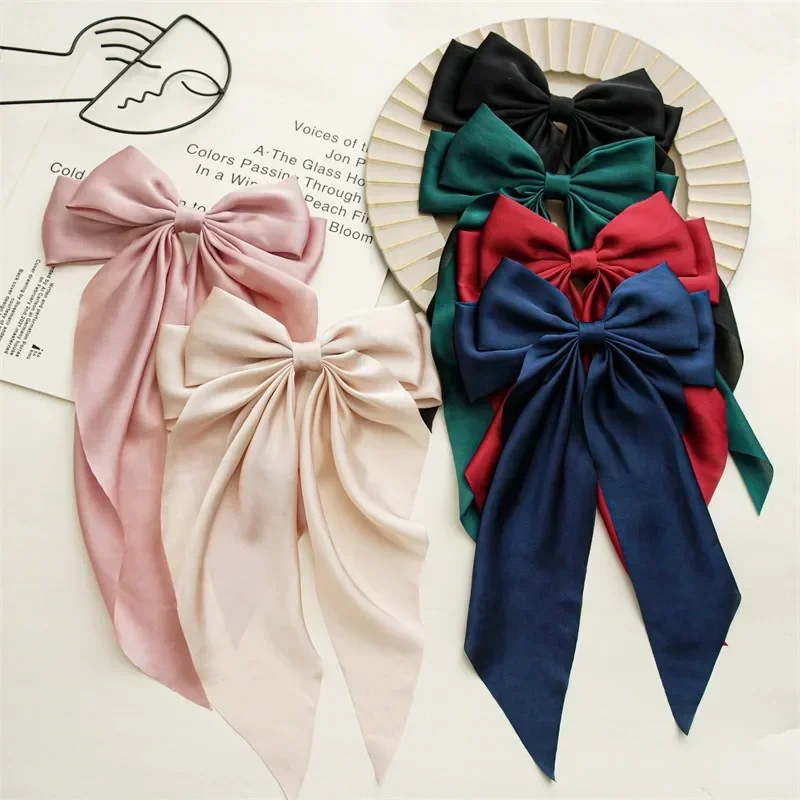 11 Solid Color Satin Ribbon Big Bows Hairpin Spring Clips Hair Accessories for Women Girls Trendy Korean Summer Headwear
