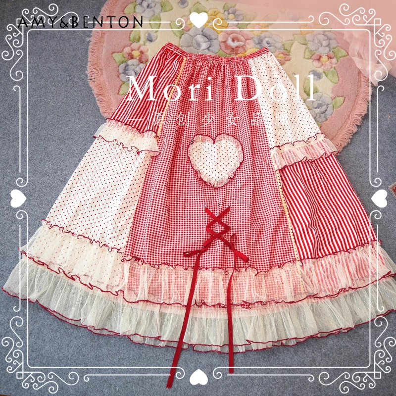 

Original Design Red Plaid Heart Splicing Striped Polka Dot Women's Skirt Autumn New Sweet Cute Versatile Short Skirts Ladies