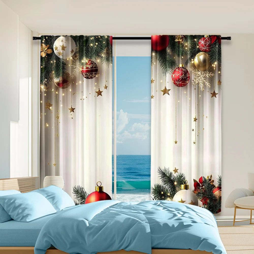 2Pcs Festive Golden And Red Ball Pine Leaves Design Christmas Window Curtains Polyester Rod Pocket Design For Living Room