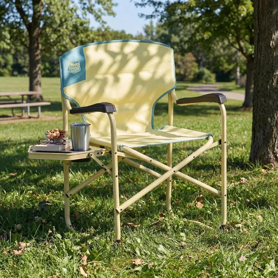 Camping chair with side table for outdoor use, durable steel frame, black color, 300 lb capacity and ergonomic support