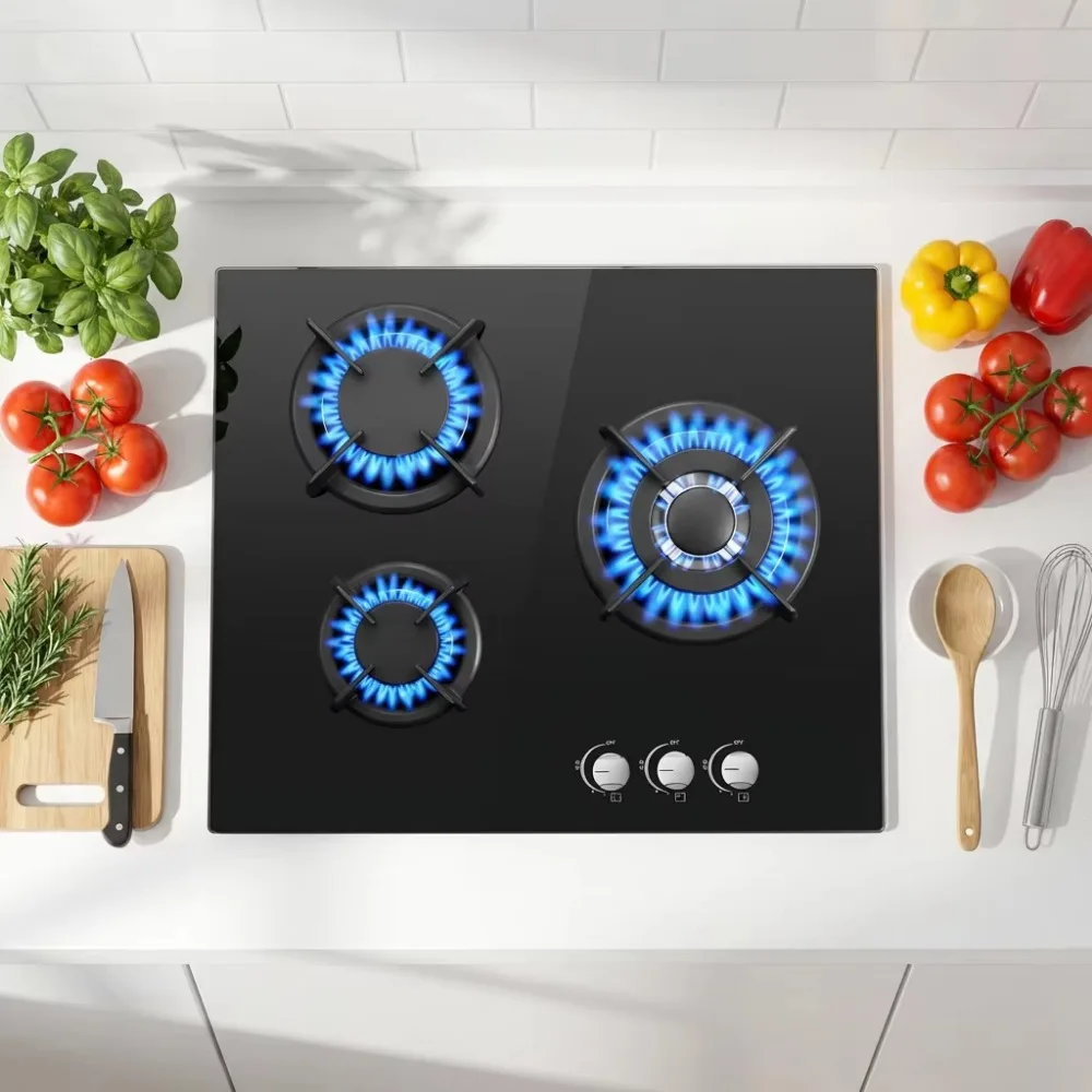 3 Burner Built-in Gas Hob 60cm Black Tempered Glass LPG Gas Cooktop with Timer Knob Control Kitchen Stove