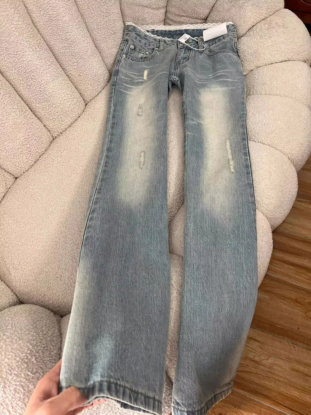 Lace Splicing Women High Waist Wide Leg Jeans Solid Color Denim Pants Street Style Loose Fit Casual Daily Denim Trousers