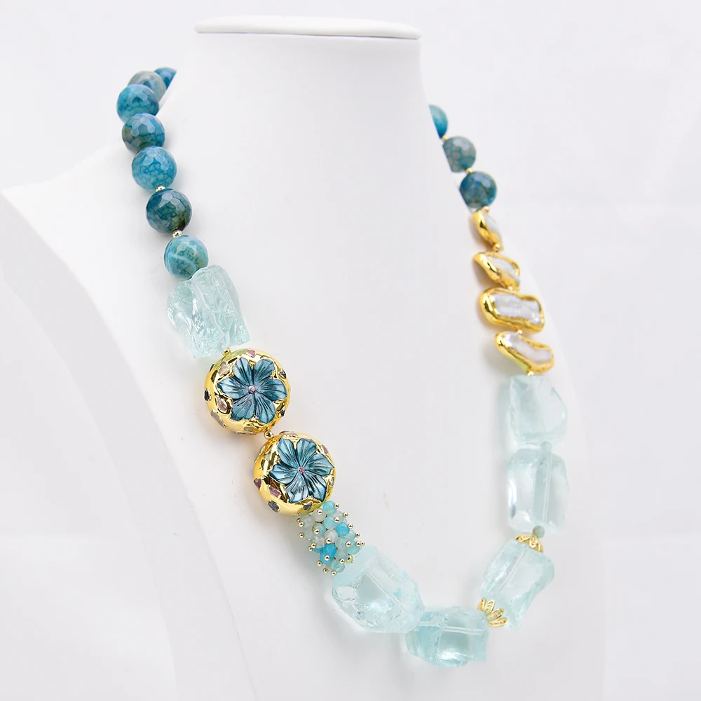 G-G Natural Blue Fire Agate Stone Glass Rough White Biwa Pearl Gold Edged Shell Beads Necklace 21''