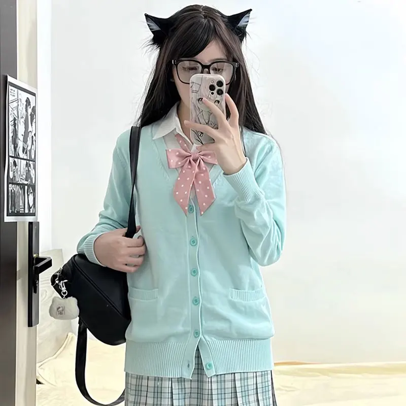 S-XXL Spring Autumn Women Long Sleeve Knit Cardigan V Neck Sweater Sailor Fuku Jacket Coat for JK School Uniform Student Clothes