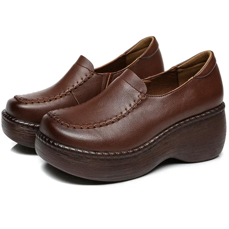 

6 см весенне-осенние женские лоферы из натуральной коровьей кожи, повседневная обувь без шнуровки на платформе, женская обувь ручной работы на танкетке в стиле ретро