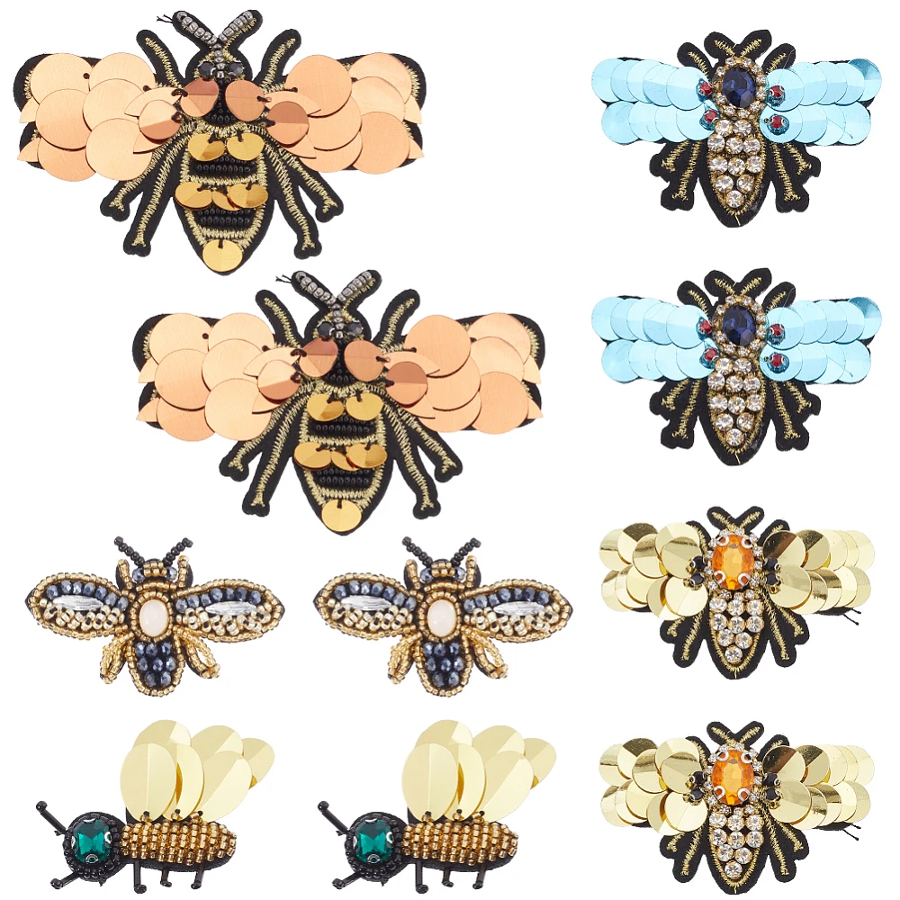 10PCS Bees Sequins Rhinestones Bead Patches Handmade Insect Sew on Pearl Patch Clothes Embroidery Applique for Clothing Shoes