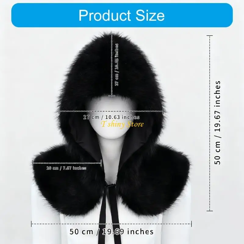 N58F Medieval Faux Plush Hooded Capelet Hat Adjustable for Role Playing LARP Event and Winter Warmth Protections