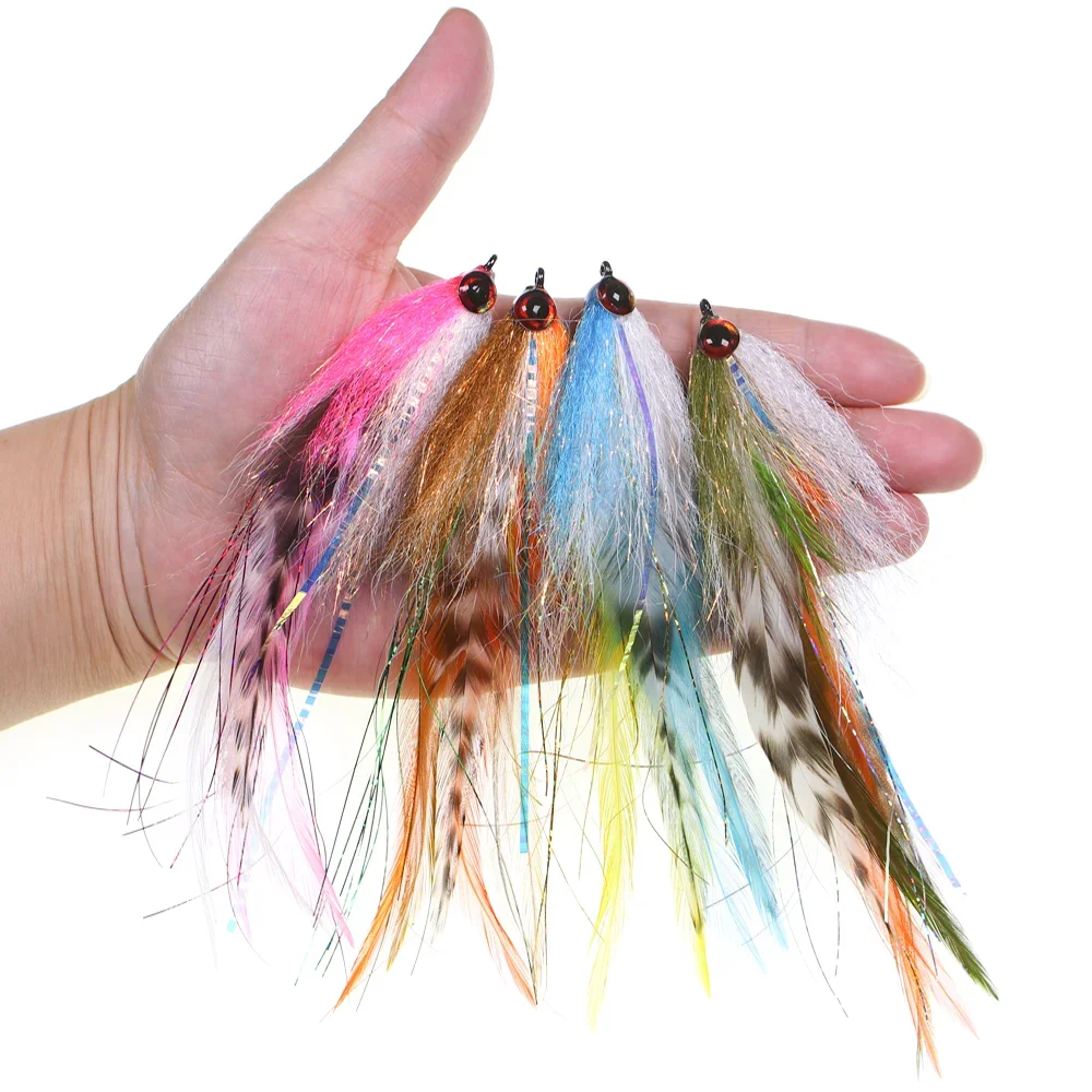 Wifreo 1pc/4pcs #2/0 Epoxy 3D Fish Eye Big Game Streamer Fly Grizzly Saddle Hackle Fly Fishing Flies Trout Muskie Fishing Lures