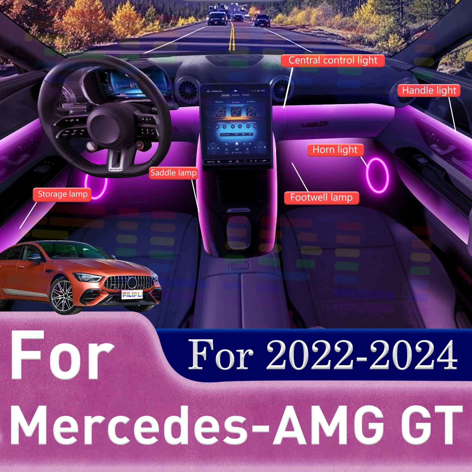 

6-в-1 светодиодные лампы для Mercedes-AMG GT C190 R190 C192, цветная атмосферная подсветка, неоновые полосы для салона авто, 64 RGB-цвета