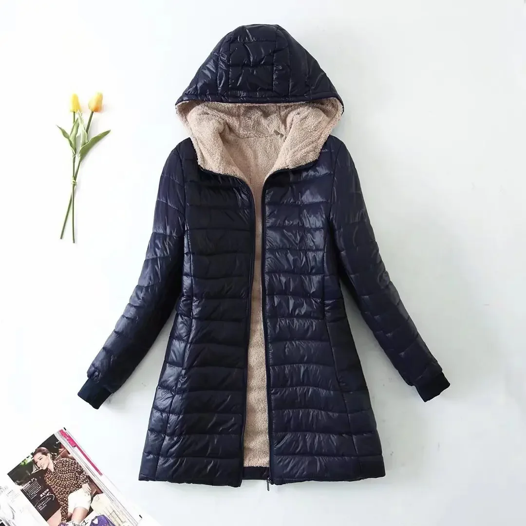 Autumn and Winter New Mid to Long 2024 Korean Edition Hooded and Velvet Cotton Jacket Warm Top Women's Coat