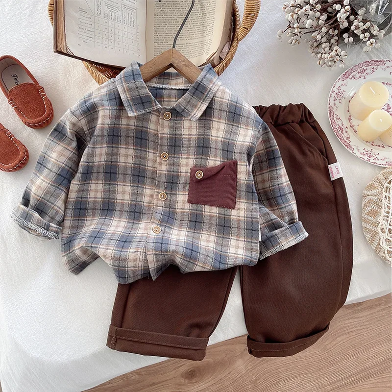 

New Spring Autumn Baby Clothes Suit Children Boys Plaid Long Sleeved Shirt Pants 2Pcs/Sets Kids Clothing Set Infant Tracksuits