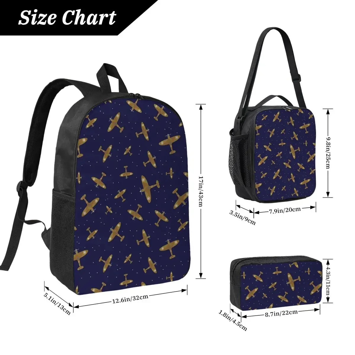 Spitfire War Planes In Flight On Navy Blue Backpack Student BookBag School Bag Shoulder Bags 3ps Insulated Lunch Bag Pencil Case