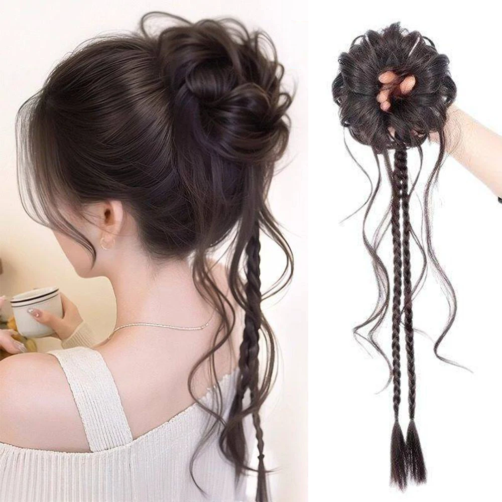 Messy Loose Temples Bun Hair Tie Braided Ponytail Synthetic Hair Heat Resistant Fluffy Hair Accessories for Women