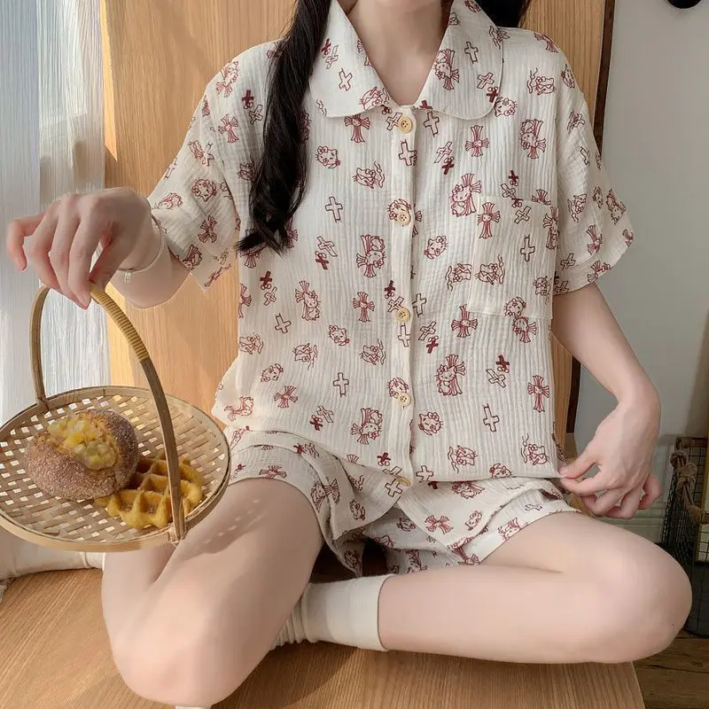 

Винтажный комплект пижам Sanrio Hello Kitty, женская ночная рубашка, летняя пижама с короткими рукавами и шортами, одежда для сна, ночная одежда с героями мультфильмов, домашняя одежда