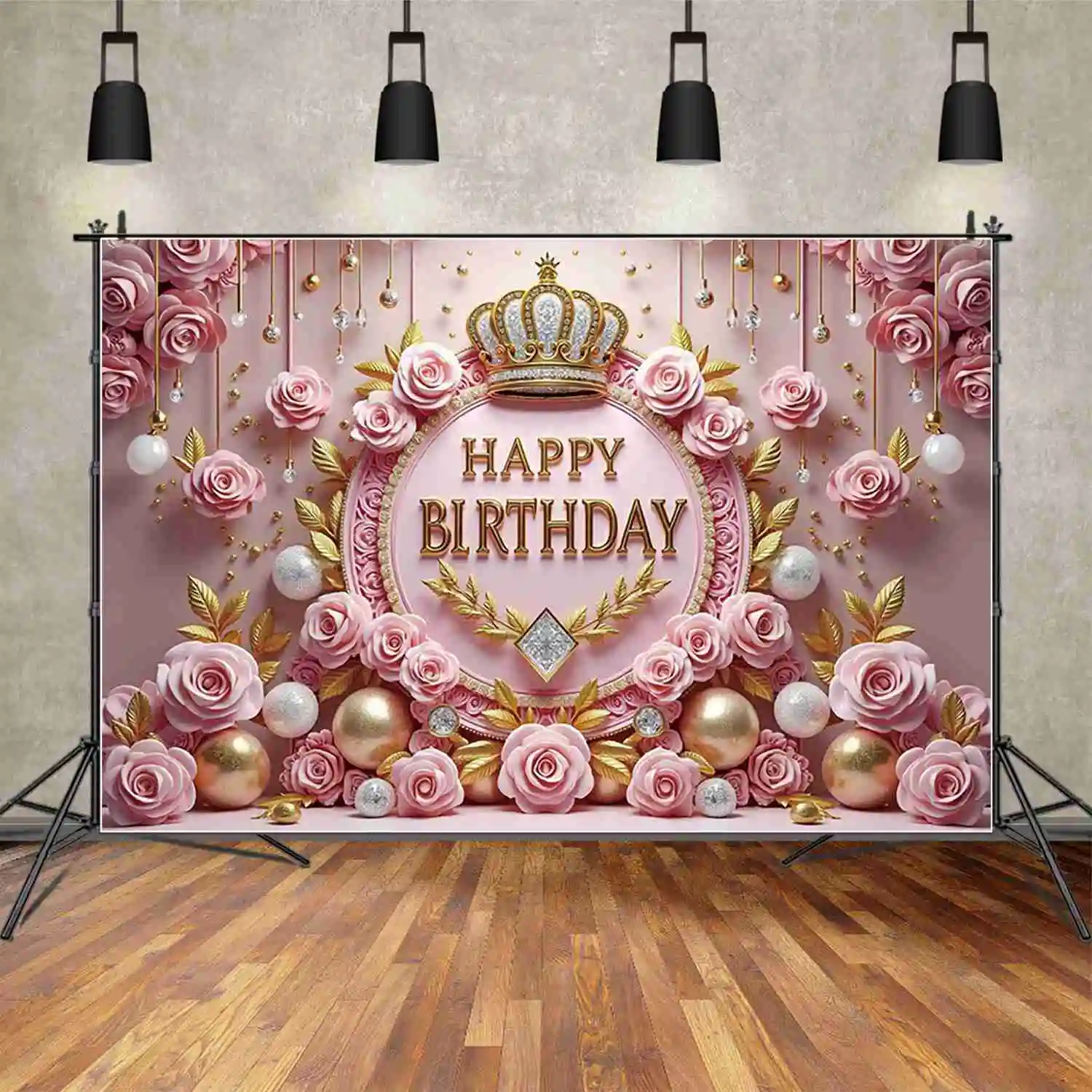 MOON.QG Royal Happy Birthday Backdrop for Women Men Sweet 16 40th Party Banner Background Blue Golden Pink Poster Decorations