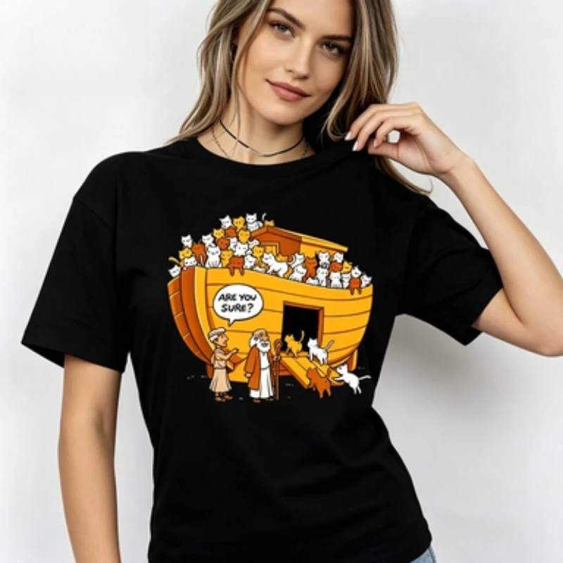 Neck T‑Shirt Humor Are You Sure Cat Ark Cartoon Art Print Short Sleeve Cotton Trendy Funny Kitten Casual Daily Tops for Women