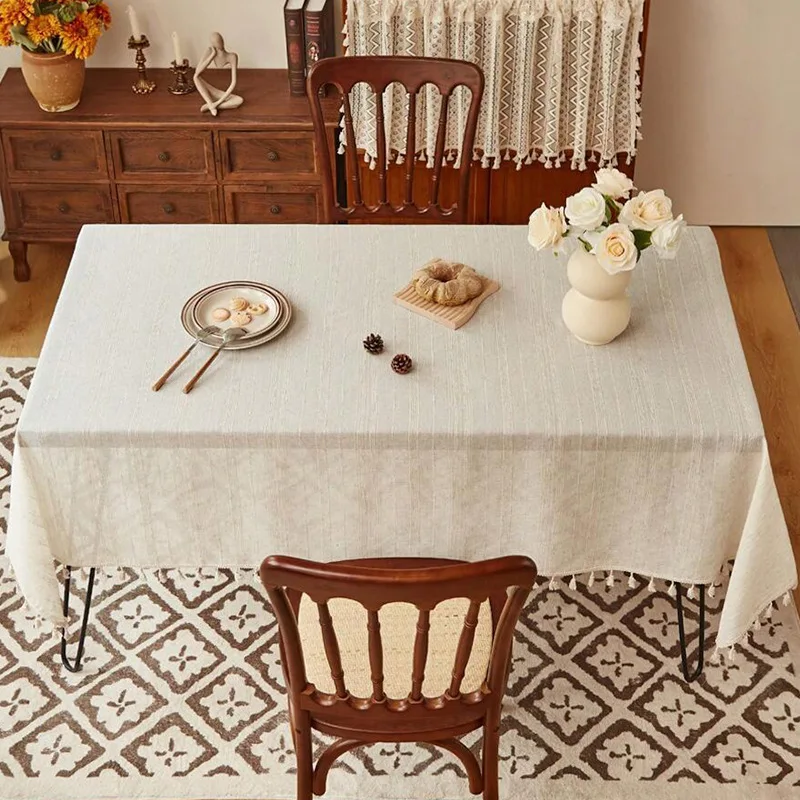 Imagen 3: Mantel de lino y algodón a rayas con borlas, mantel rectangular a prueba de polvo para el hogar, adecuado para decoración de mesa de cocina y comedor