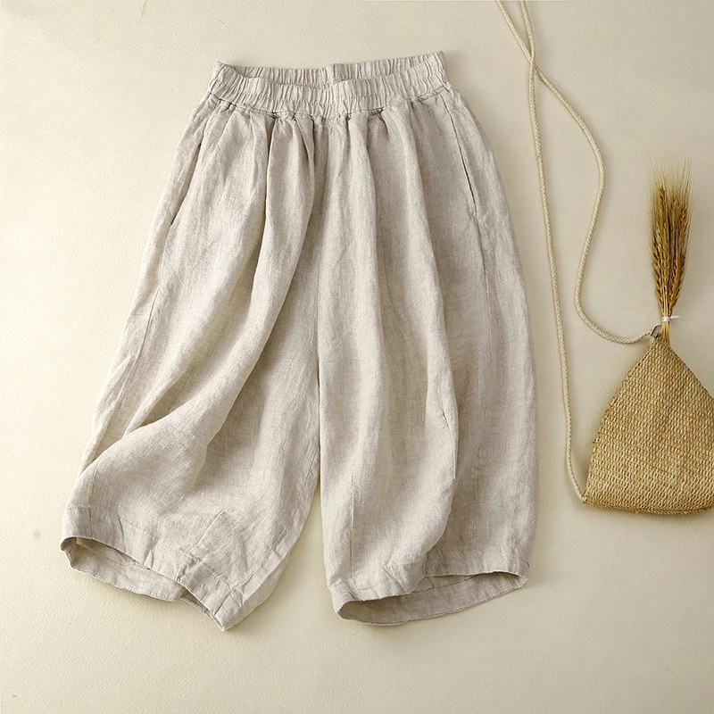 

Хлопково-льняные женские летние свободные брюки с широкими штанинами, с высокой талией, повседневные, тонкие, длиной до колена, в художественном стиле