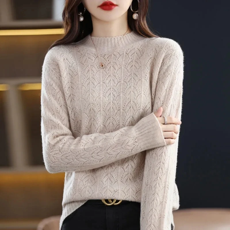 2024 New Fashion 100% Merino Wool Sweater Cashmere Pullover Turtleneck Long Sleeve Women Knitwear Autumn Winter Clothing Tops