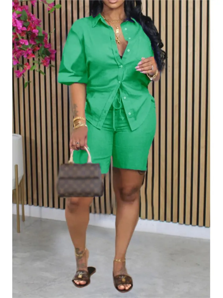 

2025 Summer Casual Solid Color Shirt And Lace-up Shorts Two Piece Sets Women Fashion Short Sleeve Shirts Tops Outfits For Women