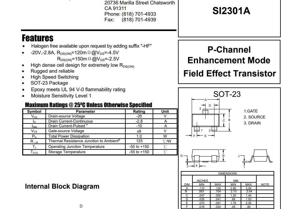 (100 pcs) SI2301A-TP SOT-23 (Marking SI) - P-Channel MOSFET -20V -2.8A 120mΩ