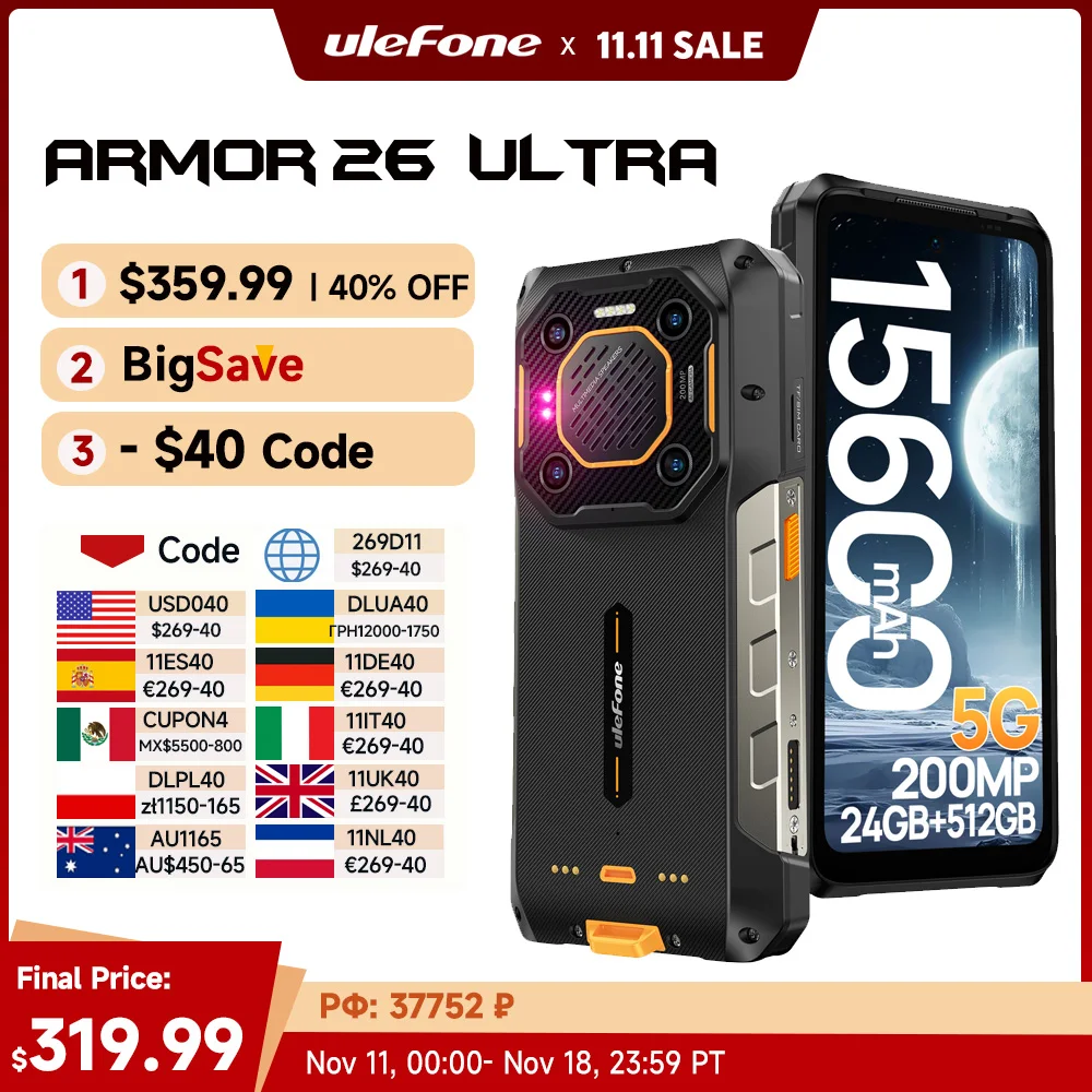 【Novo】 Smartphone Ulefone Armor 26 Ultra 5G robusto à prova d'água 120W 15600mAh 200MP + 64MP + 50MP Smartphone até 24GB + 512GB NFC 6,78”120Hz Android 13 Phone