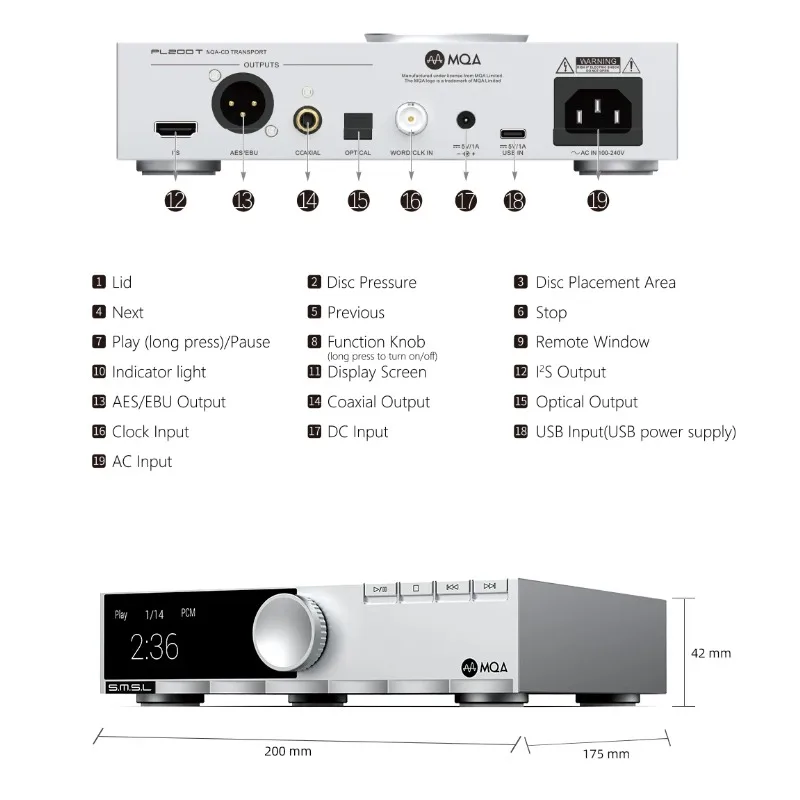 PL200T MQA-CD Transport Reference Level Digital Interface Functions P.A.S.S Servo System Lid-Open Playback Mod