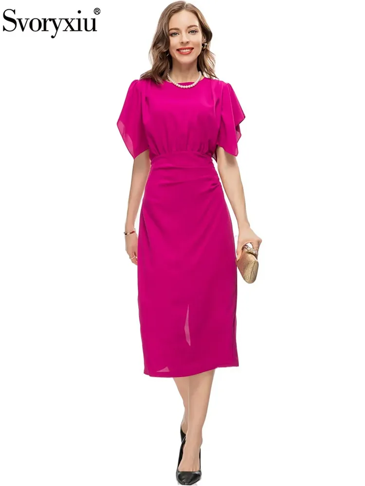 

Svoryxiu Summer Fashion Rose Red Color Knee-Length Pencil Dress Women's O-Neck Trim Shirred High Waist Buttock Covering Dress