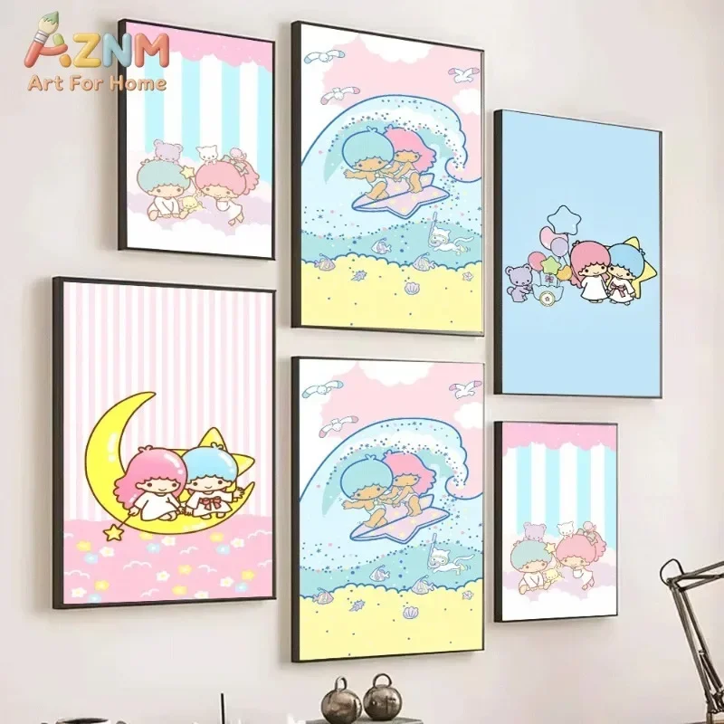 Little Twin Stars Beach Moon Canvas Wall Art Unframed Canvas Poster Cute Kawaii Pastel Cartoon Print for Girls Room Nursery Wall