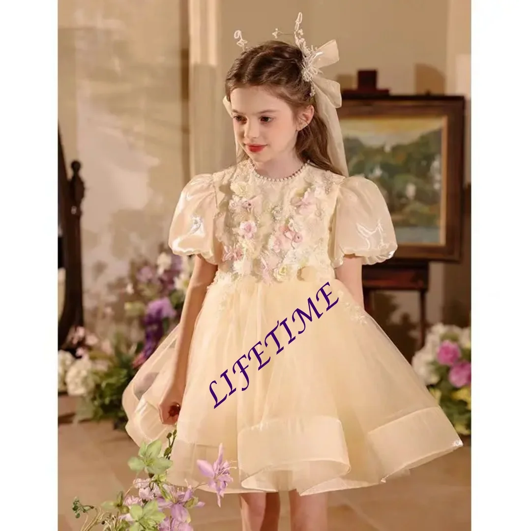 أنيقة الشمبانيا ثلاثية الأبعاد الزهور فتاة فستان مطرز ألف خط الأميرة الاطفال الزفاف عيد ميلاد أداء فستان حفلات مخصص #3