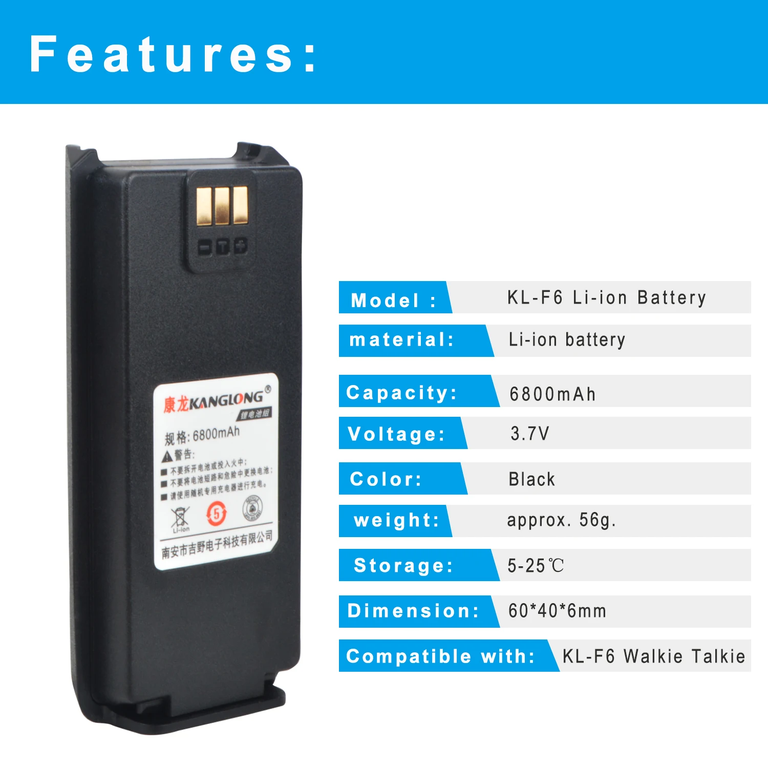 Handheld Two Way Radio Battery, Li-ion Battery para KL-F6 KL-669, Ham Radio, Walkie Talkie, Acessórios de bateria, 6800mAh