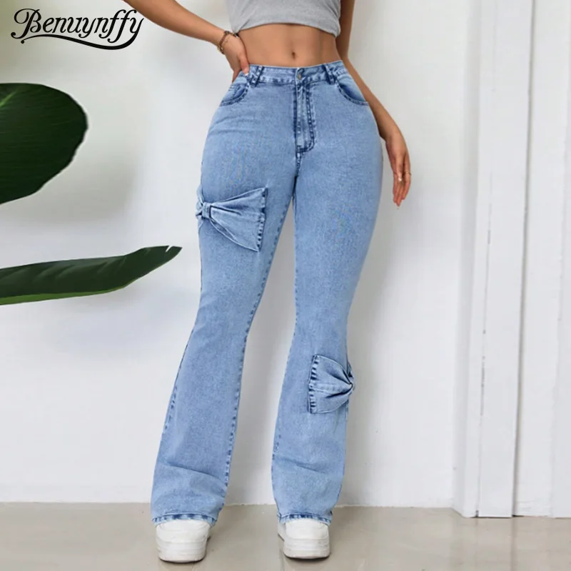 

Benuynffy Vintage Y2K Bow Washed Mid Waisted Jeans Women's 2025 Fashion Street Style Slim Casual Matching Denim Flared Pants