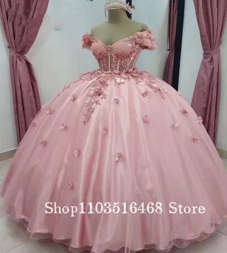 

Pink Quinceanera Princess Fluffy 3D Floral Quinceanera Beaded Short Birthday Party Dress Customized