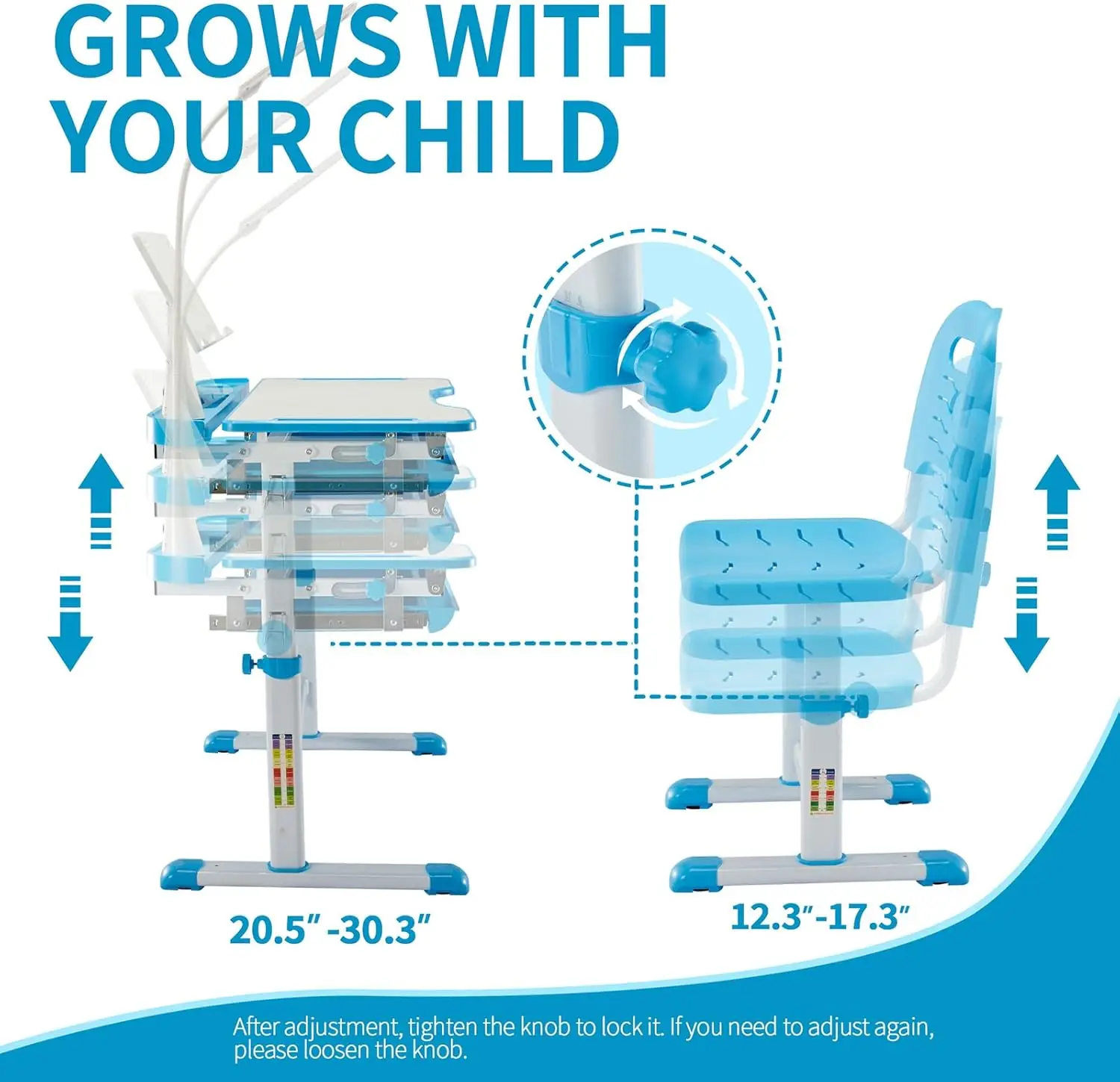 Kids Functional Desk and Chair Set, Ergonomic Height Adjustable Children School Study Desk with Tilt Desktop, Book Stand, LED Li