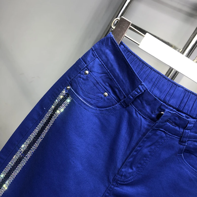 Multicolour Water Drill Spring Summer Women Denim Trousers Candy Color Stretch All-match High Waist Ankle-length Harem Jeans