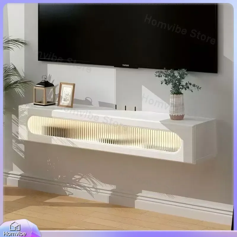Modern Wall Mounted TV Stand Solid Wood Floating Media Console with Glass Door USB LED Light Storage Cabinet for Living Room