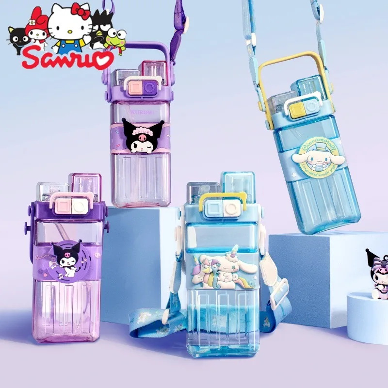 MINISO Melody Kuromi Hello Kitty Cinnamoroll Pochacco Children's Water Cup Straw  Water Cup Square Tote Cup Portable Strap Cup