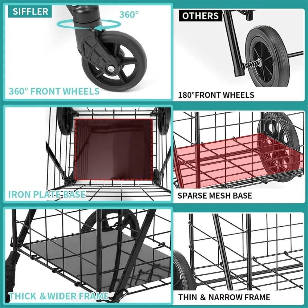 Robuuste opvouwbare gereedschapswagen met dubbele mand, handtrolley met stalen frame van 33,6 gallon, capaciteit van 160 lbs en 360 °   Wartel voor M