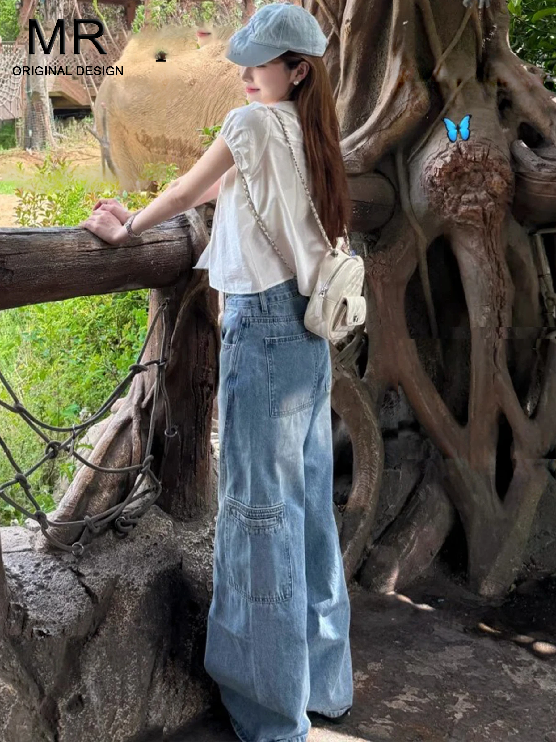 

Ретро-синие джинсы в американском рабочем стиле, широкие, прямые, с высокой талией, для женщин, летние, повседневные, свободные, облегающие, для модниц