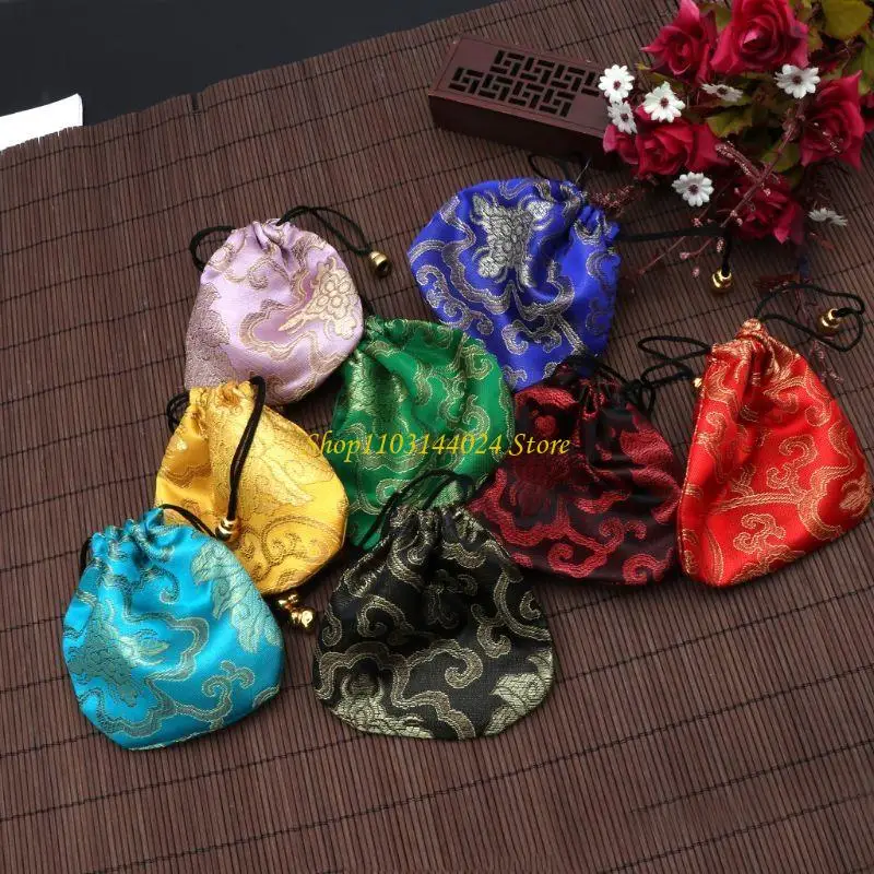 

N5KE Silk Brocade Jewelry Drawstring Gift Bags Coin Purse Embroidered Candy Bag