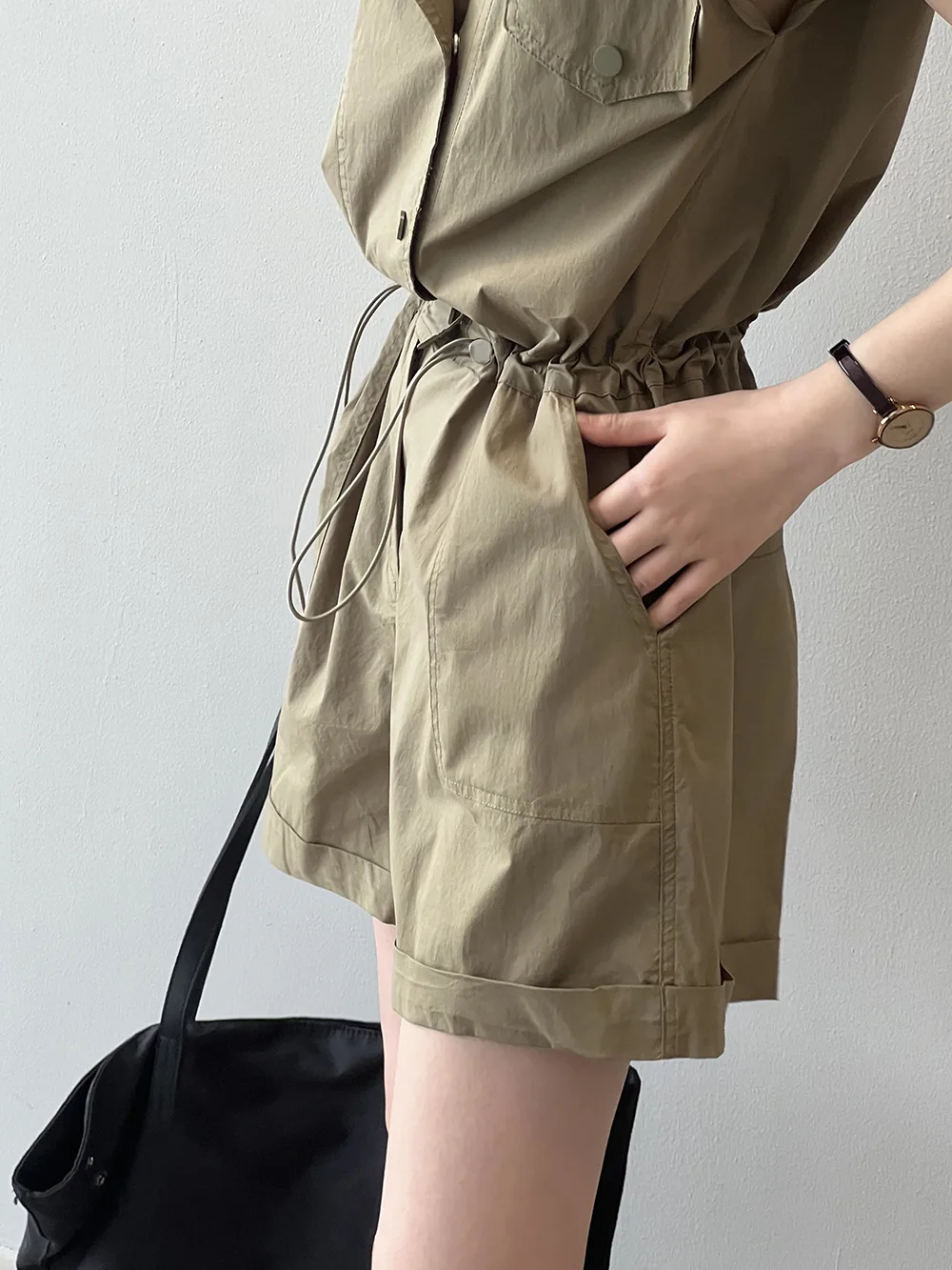 Trendy Women's Casual Jumpsuit Sport Set V Neck High Waist Drawstring Solid Color Short Sleeve Shorts Cool Jumpsuit Clothing Set